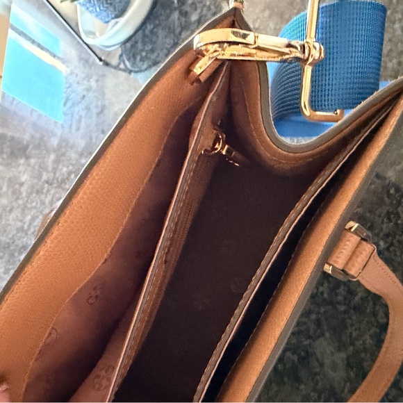 Tory Burch Small Walker Blue Floral Canvas Satchel with Tan Leather - Picture 4 of 6